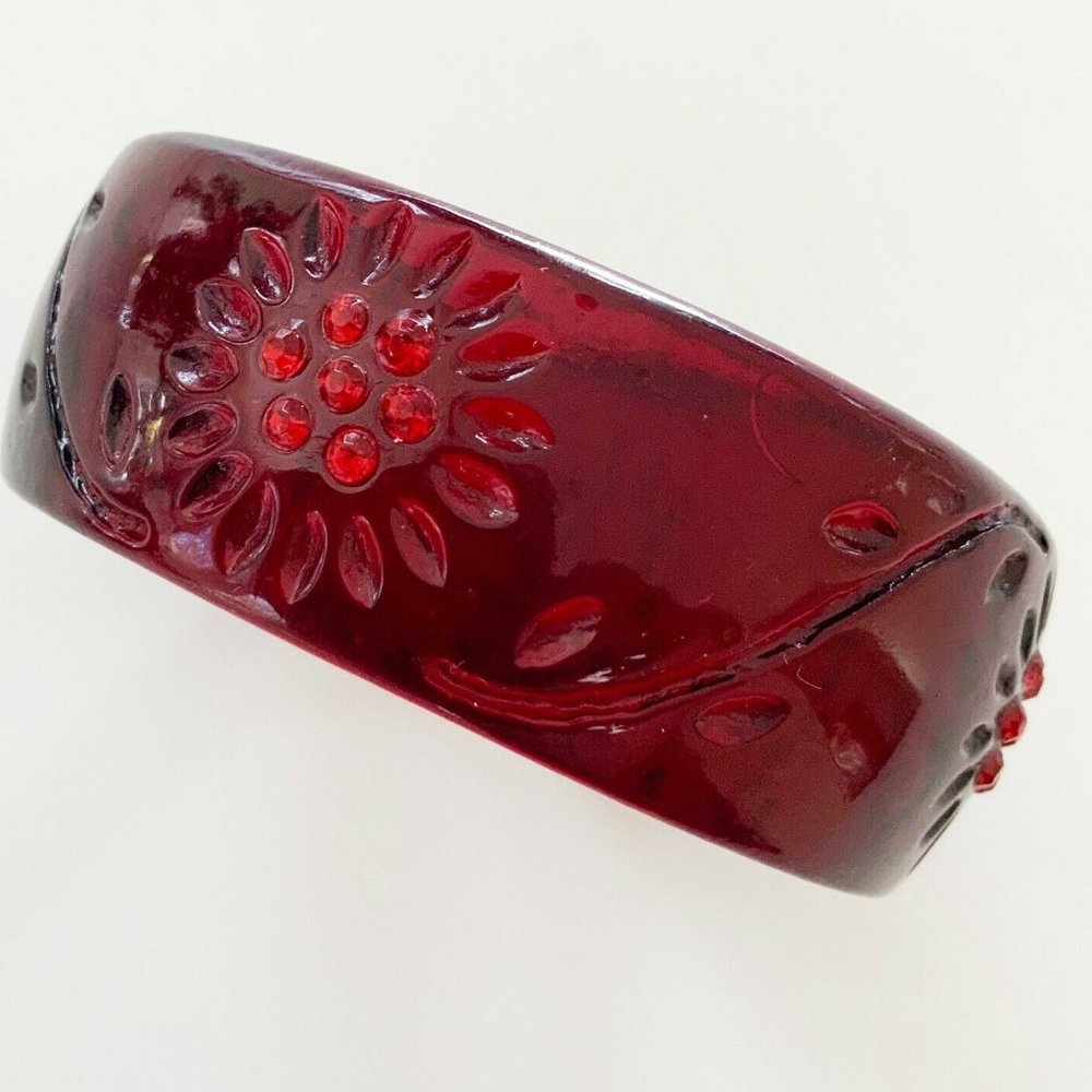 Red Floral Plastic Bangle Bracelet Rhinestone